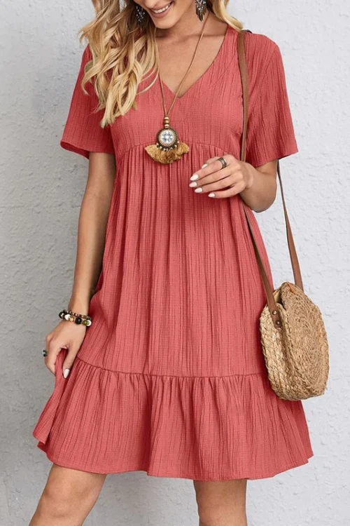 Summer Solid Dress Women Casual Bohemian V Neck Short Sleeve Ruffles Loose A Line Mini Dress Elegant Beach Party Vestidos Street