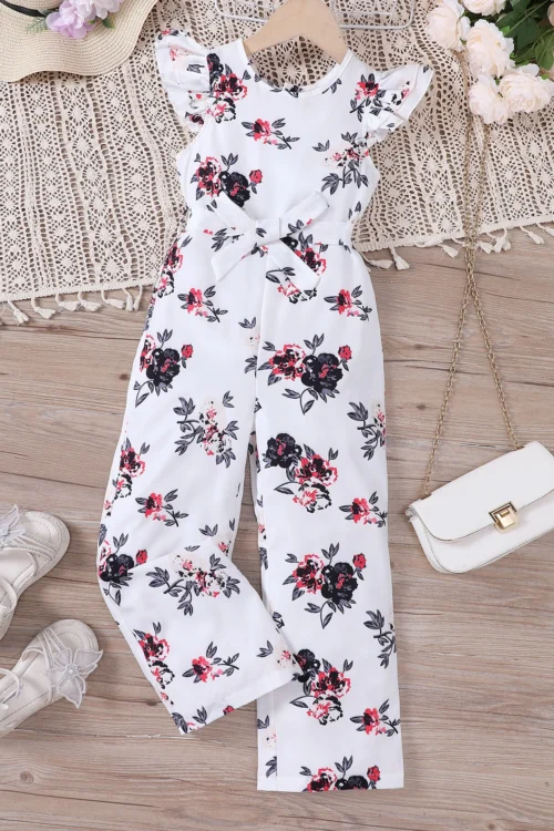 Girls Summer New Product Big Children’s Casual Jumpsuit Sleeveless Printed Small Flying Sleeves Children’s Pants