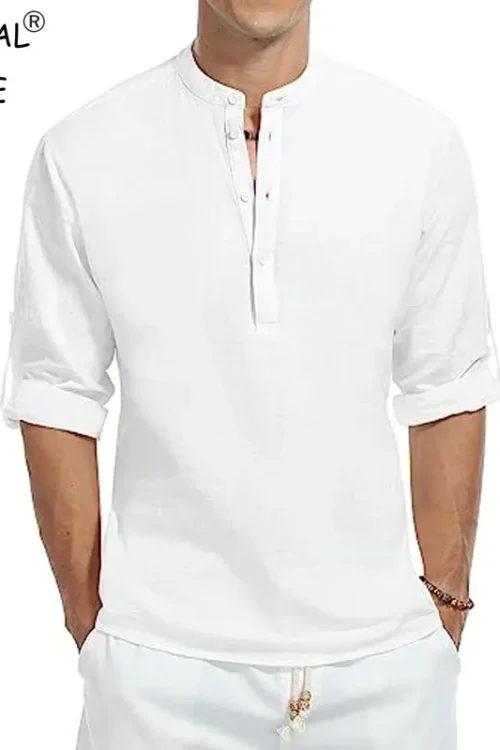 Mens Casual Cotton Shirt Long Sleeve Band Collar Henley Shirt Solid Color Tops